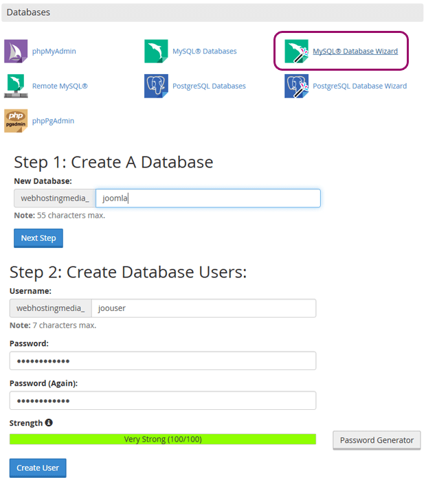 step1 step2 create database and database user